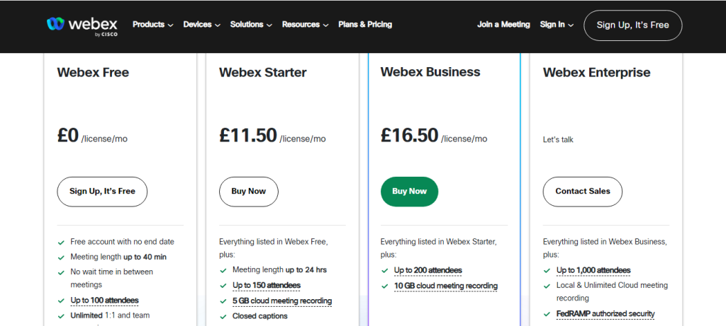 Zoom vs. Webex, Zoom and Webex Pricing 